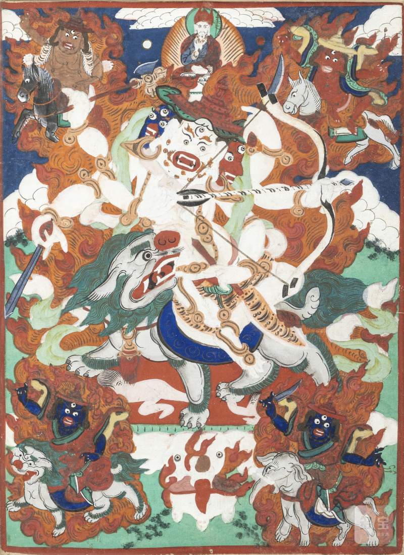 A small thangka depicting Pehar on a white Buddhist lion